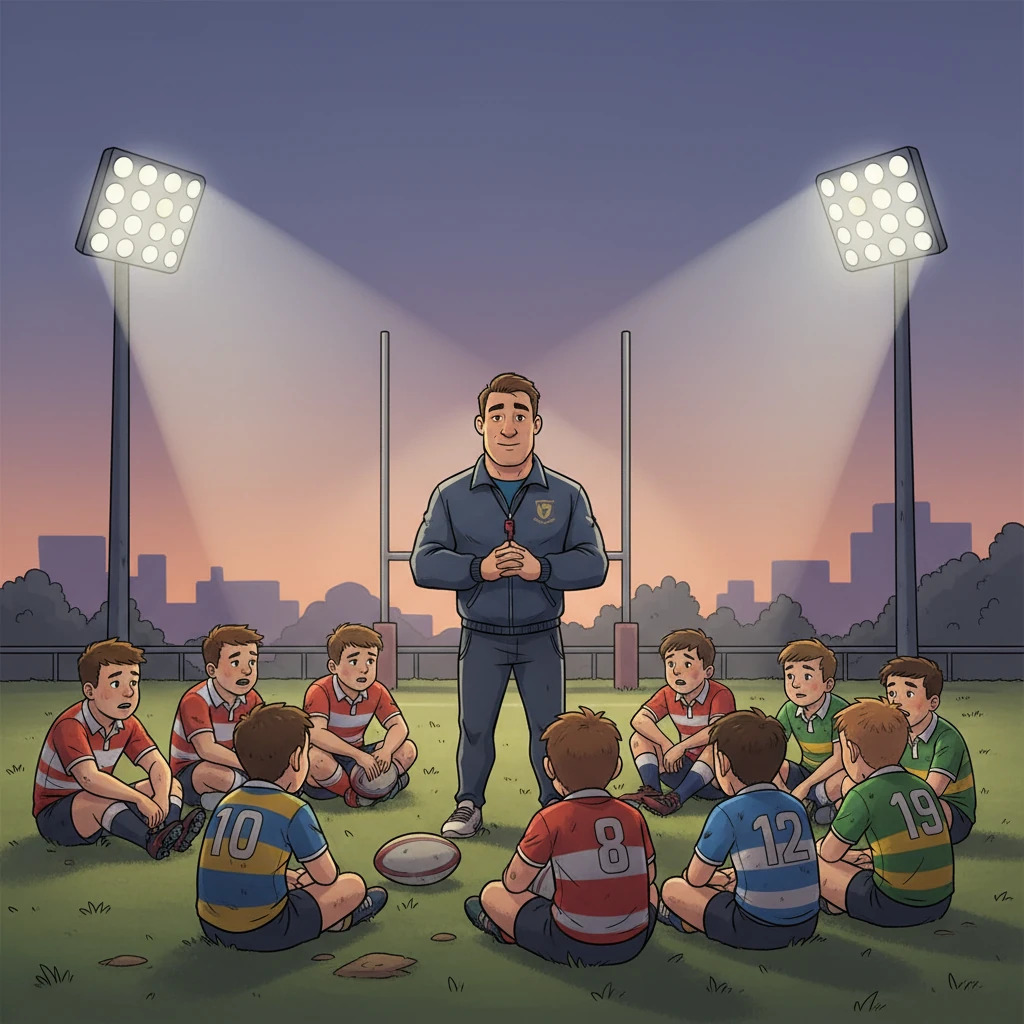 Petang di padang rugby, cahaya matahari memudar. Lampu limpah sukan baru menyala, membelah kegelapan. Pemain-pemain duduk keletihan selepas latihan berat, peluh membasahi jersi mereka. Coach Ray, dengan aura tenang dan tegasnya, memanggil mereka berkumpul.
