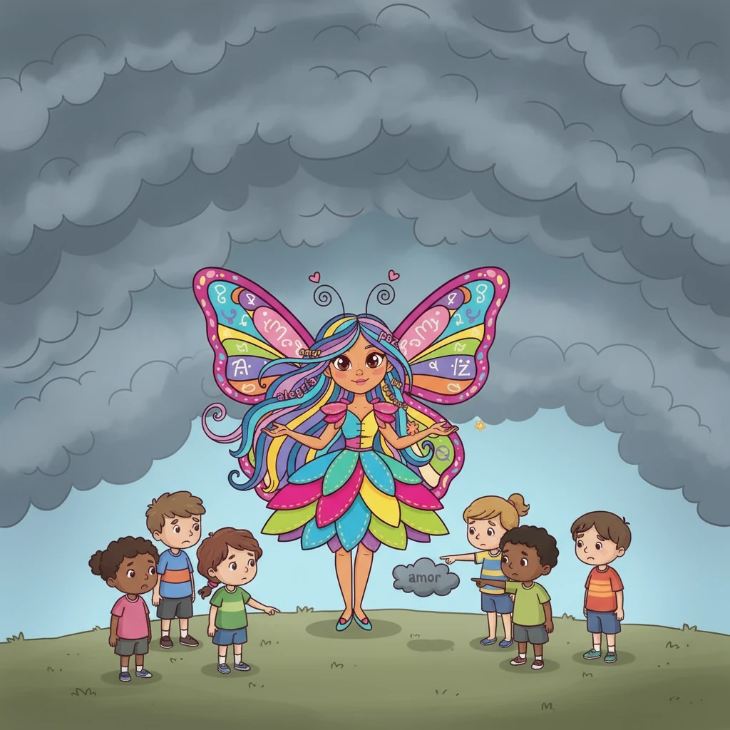 Un día, llegó una nueva palabra, “fea”. Era pequeña y gris, y al pronunciarla, el sol se escondía y las nubes se oscurecían. Los niños, sin entender, comenzaron a repetir la palabra, y el pueblo se entristeció.