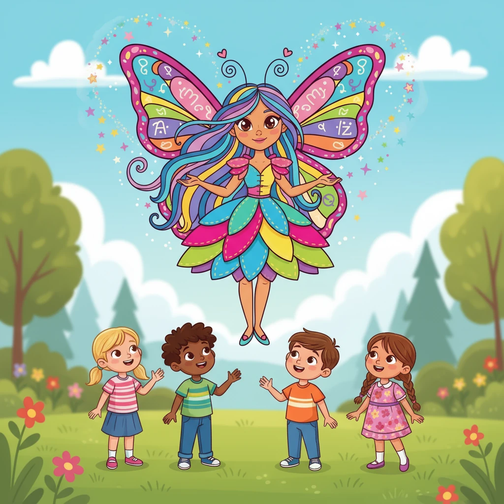 Entonces, apareció Mariposa, una palabra llena de colores. Volaba entre los niños, sus alas pintadas con palabras bonitas. Les susurró: “Las palabras pueden cambiarlo todo, ¡prueben con “amiga”!”