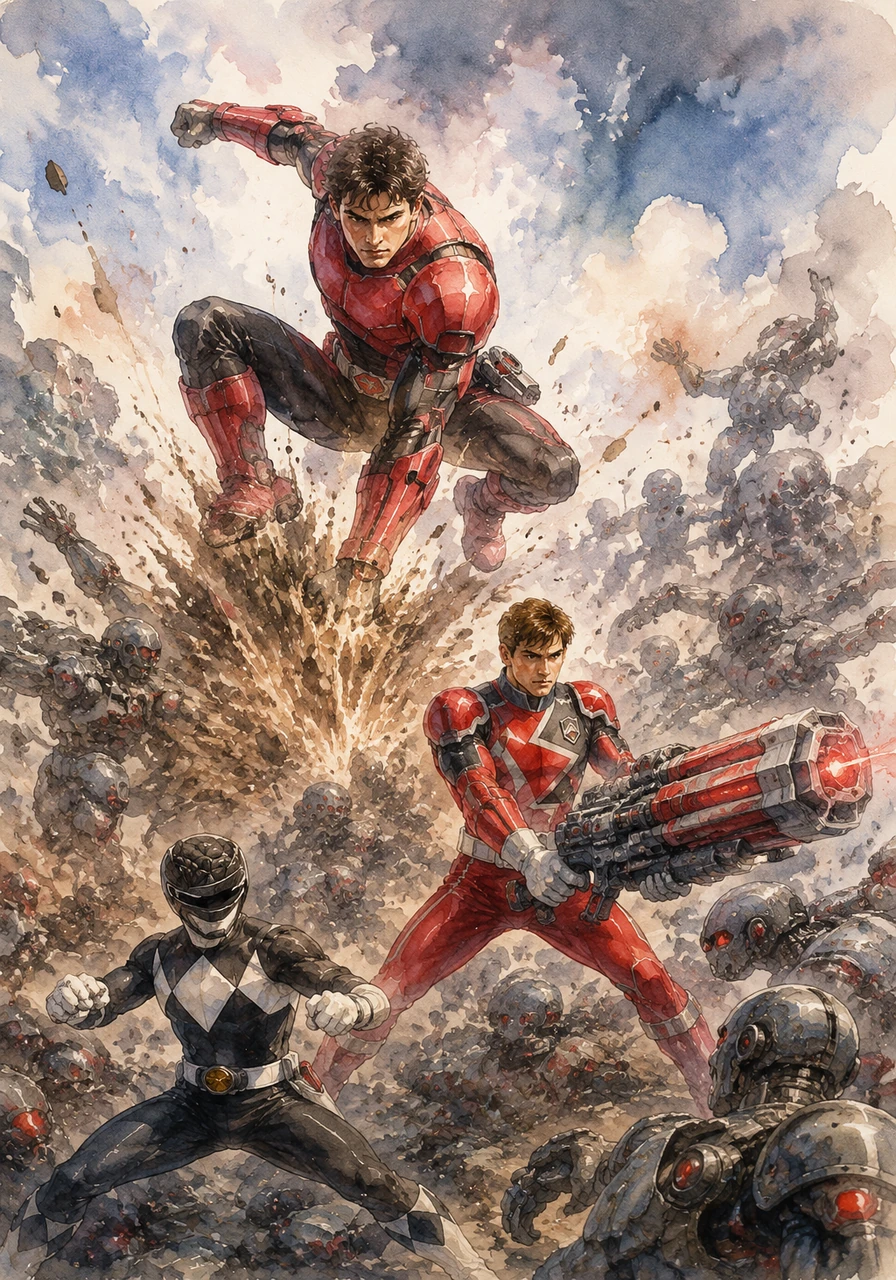 Adam and Flynn hold the eastern perimeter against a horde of mechanical drones. Adam leaps through the air with the agility of the Mastodon, channeling ancient strength to smash the ground, while Flynn heavy-lifts an RPM Road Blaster to clear the remaining line.