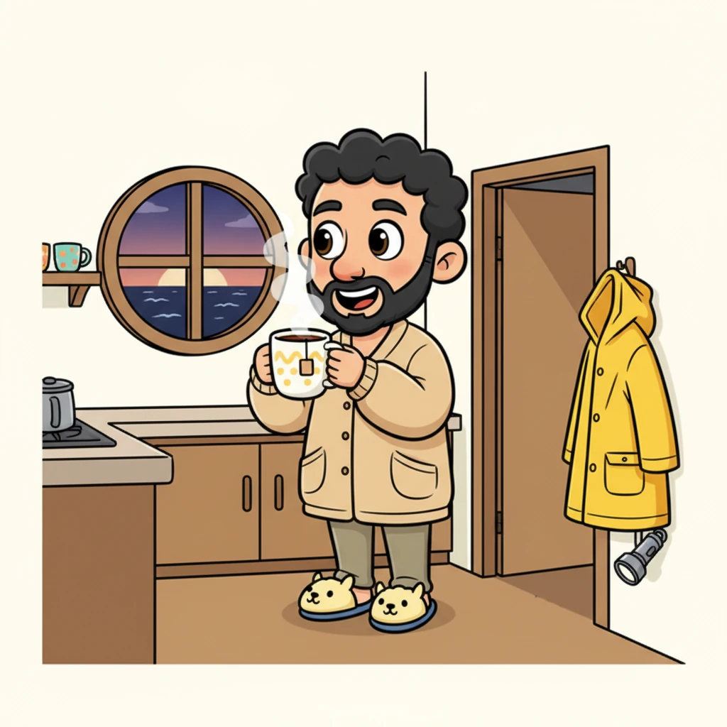 In his tiny kitchen, Ali swiftly sipped a mug of steaming hot tea, the warmth a welcome kiss on his face. He gazed out the small window, where the dark silhouette of the sea beckoned in the distance. "Come on," he mumbled to himself with a grin, "our livelihood awaits in the ocean's embrace." With a creak of the door, he grabbed his raincoat, a small flashlight, and stepped out, a puff of visible breath escaping into the cool morning air.