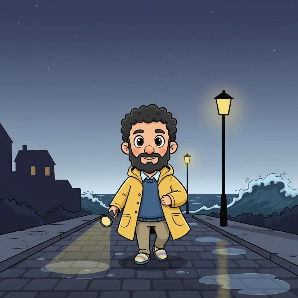 The cold, salt-scented street stretched silently before him in the pre-dawn dark, a lone shadow under the faint streetlights. Kaptan Ali walked with slow, steady steps, his small flashlight beam dancing on the wet cobblestones. Distant dog barks echoed softly, and as the rumble of the sea grew nearer, his raincoat swayed gently with each purposeful stride.