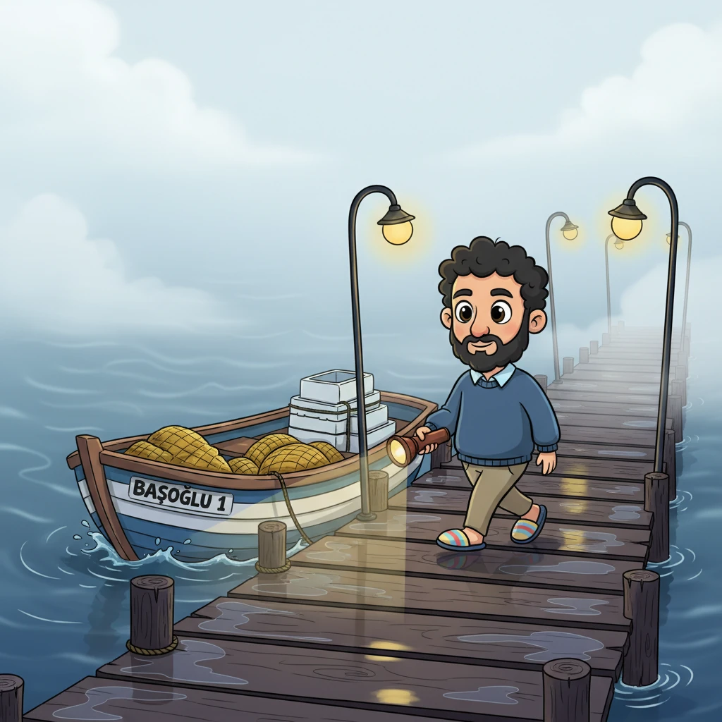 Flickering yellow-orange pier lights pierced the light mist, their glow reflecting on the wooden pier where waves crashed with a soothing echo. Kaptan Ali carefully navigated the wet planks towards his small, blue-and-white boat, proudly named "BAŞOĞLU 1." Inside, thick yellow nets lay coiled, a trusty rusty flashlight sat in one corner, and stacks of foam crates waited patiently.