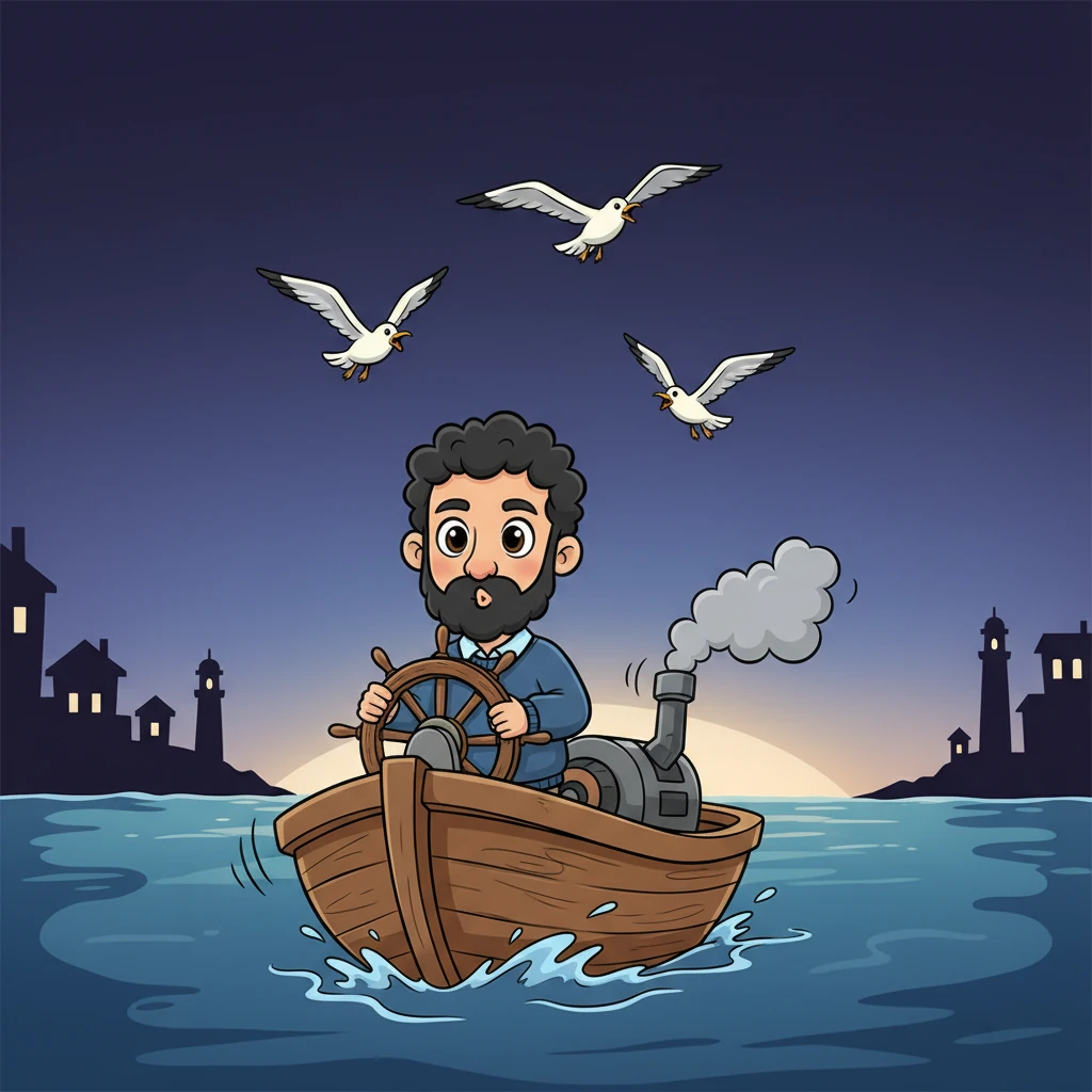 With a deep rumble, the boat's engine sputtered to life, making the vessel tremble slightly as a few startled seagulls cried out and soared into the sky. Kaptan Ali took his place at the helm, whispering, "Bismillah" (In the name of God), a traditional prayer for a safe journey. The boat slowly glided through the dark mouth of the harbor towards the open waters, the rhythmic hum of the engine a comforting sound as the dark silhouettes of the land faded behind him, and a pale blue hue on the distant horizon promised a new day.