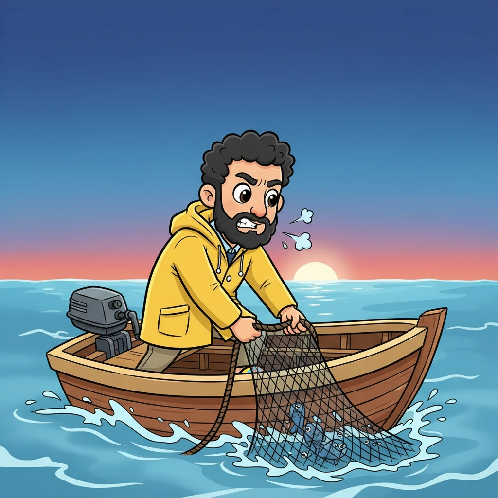 Under a vast, deep blue sky, gentle waves lapped against the boat's hull as the eastern horizon began to blush with soft reds and oranges. Kaptan Ali slowed the engine, pulling on his bright yellow raincoat. He began to haul the heavy nets onto the deck, his muscles straining with each pull, his breath coming in short, focused puffs. "Come on, be bountiful today!" he encouraged, casting the nets into the water with rhythmic splashes.