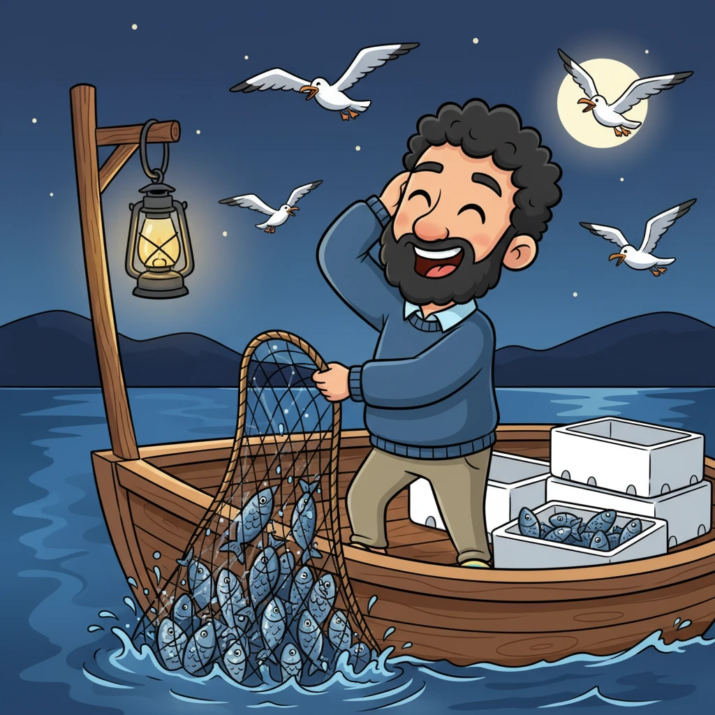 After a short wait, Kaptan Ali began to pull the nets back in, and soon, shimmering silver fish thrashed and sparkled like scattered jewels in the lamplight as they neared the surface. Seagulls circled the boat, their eager cries filling the air, while Ali, wiping his sweaty brow, exclaimed, "Mashallah, a beautiful catch!" He swiftly filled the white foam crates, one after another, with his glistening bounty.
