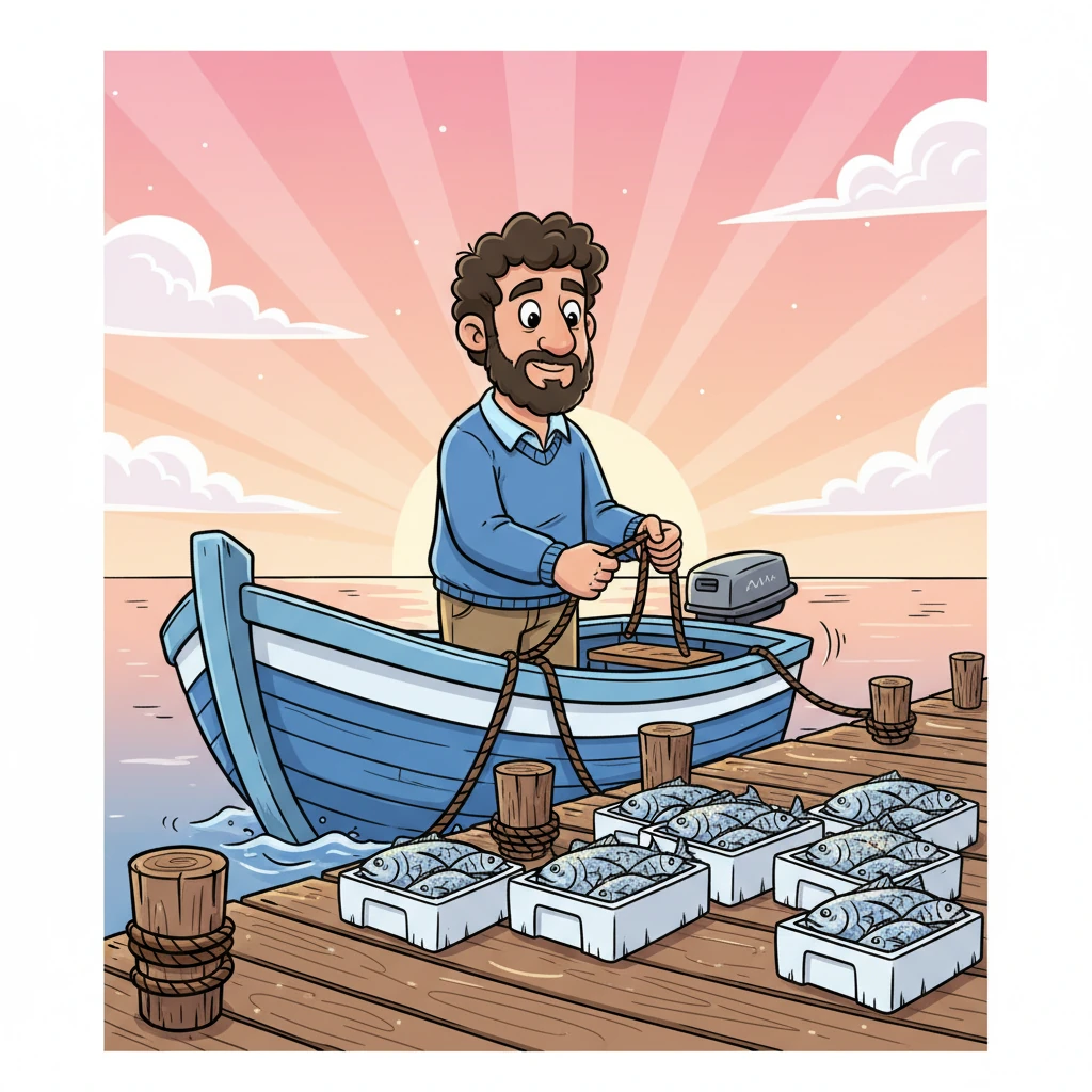 As dawn fully broke, painting the sky in glorious pinks and oranges, Kaptan Ali's boat, its engine purring softly, glided into the fishing shelter. Its wet deck was piled high with white foam crates, overflowing with fresh fish whose silver scales glittered in the morning light. He skillfully docked the boat and quickly secured the ropes to the posts.
