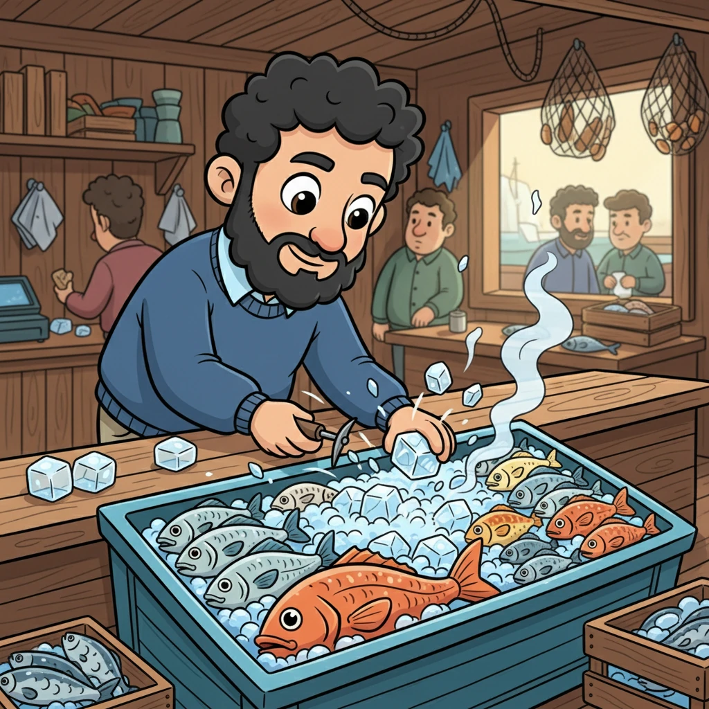 Inside the bustling fishing shelter, Kaptan Ali leaned over a large blue ice chest at his sales counter. He expertly broke large blocks of ice, scattering the glistening shards over his fresh catch, a gentle plume of steam rising from the cool surface. He then arranged the fish symmetrically and invitingly, placing the freshest ones up front, creating a bright, appealing display.