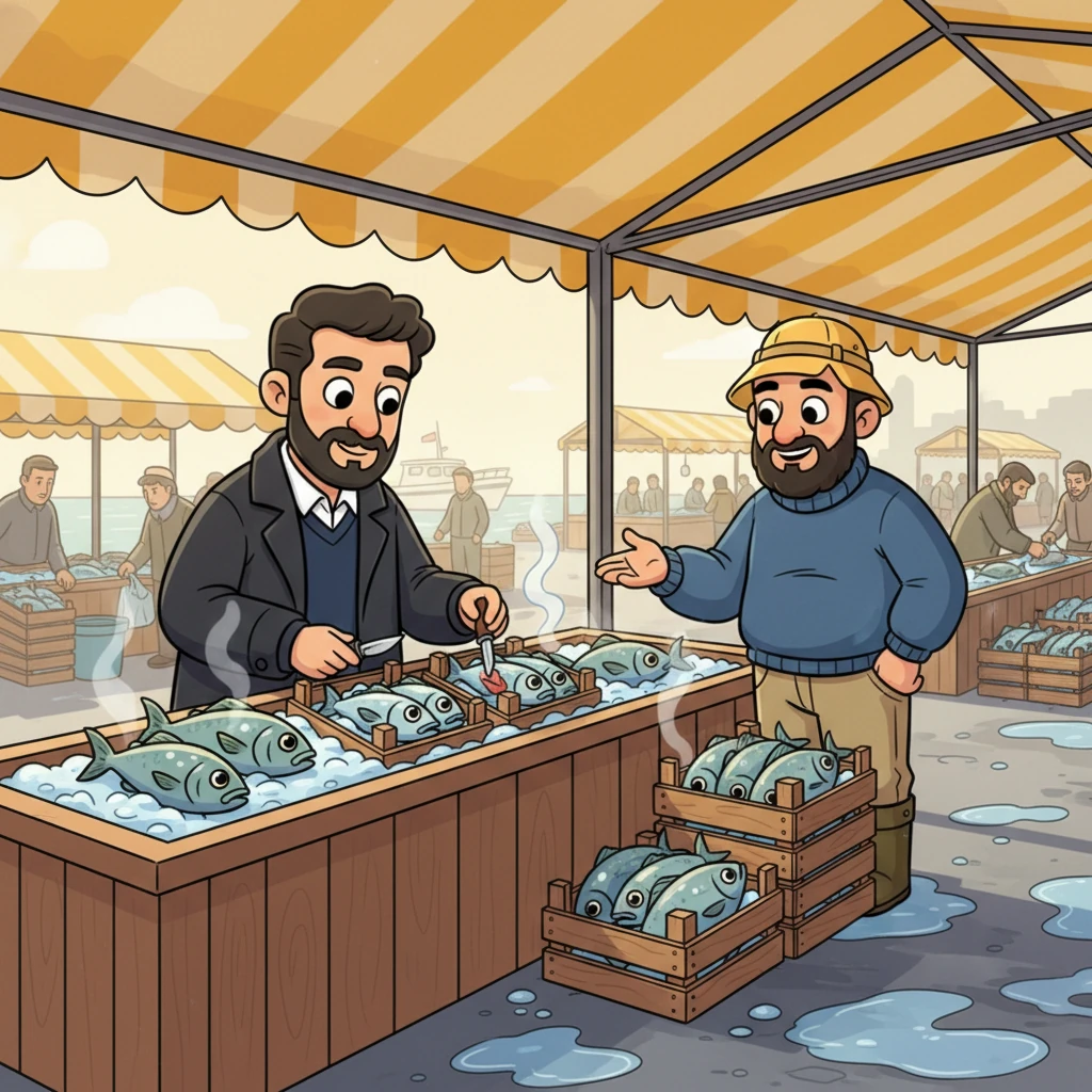 The wide, canopied sales area was now bathed in the soft glow of the morning sun, replacing the electric lights, and a thin layer of ice on the counter still gently steamed. Mehmet Bey, the restaurant owner, a man with a slight belly, a neat mustache, and dressed in a crisp shirt, navy sweater, and dark overcoat, approached with a measured pace. He carefully inspected the fish's gills and eyes with a small pocketknife. "These are very fresh, their eyes like glass," Mehmet Bey declared, "set aside ten crates for us." Kaptan Ali nodded in agreement as Mehmet Bey's hand calmly glided over the icy crates.