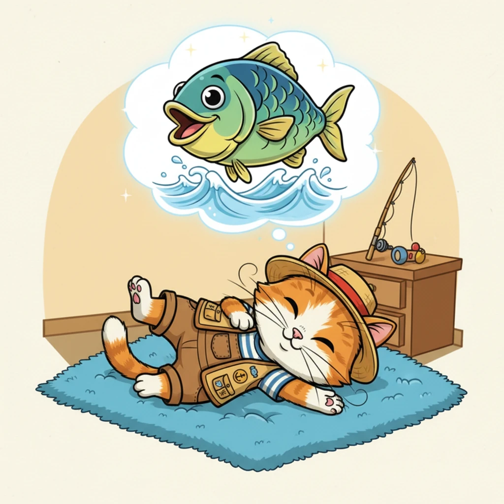 Whiskers, a fluffy orange tabby, dreams of a giant fish leaping from the water. His eyes are wide with wonder, imagining the delicious feast. He stretches his paws in his sleep, ready for adventure.