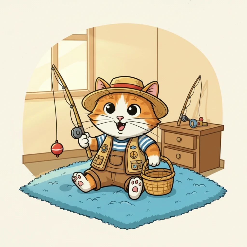 The sun rises, and Whiskers wakes up with a determined meow. He gathers his tiny fishing rod, a bright red bobber, and a small, empty basket. He feels very grown-up and excited for his big day out.