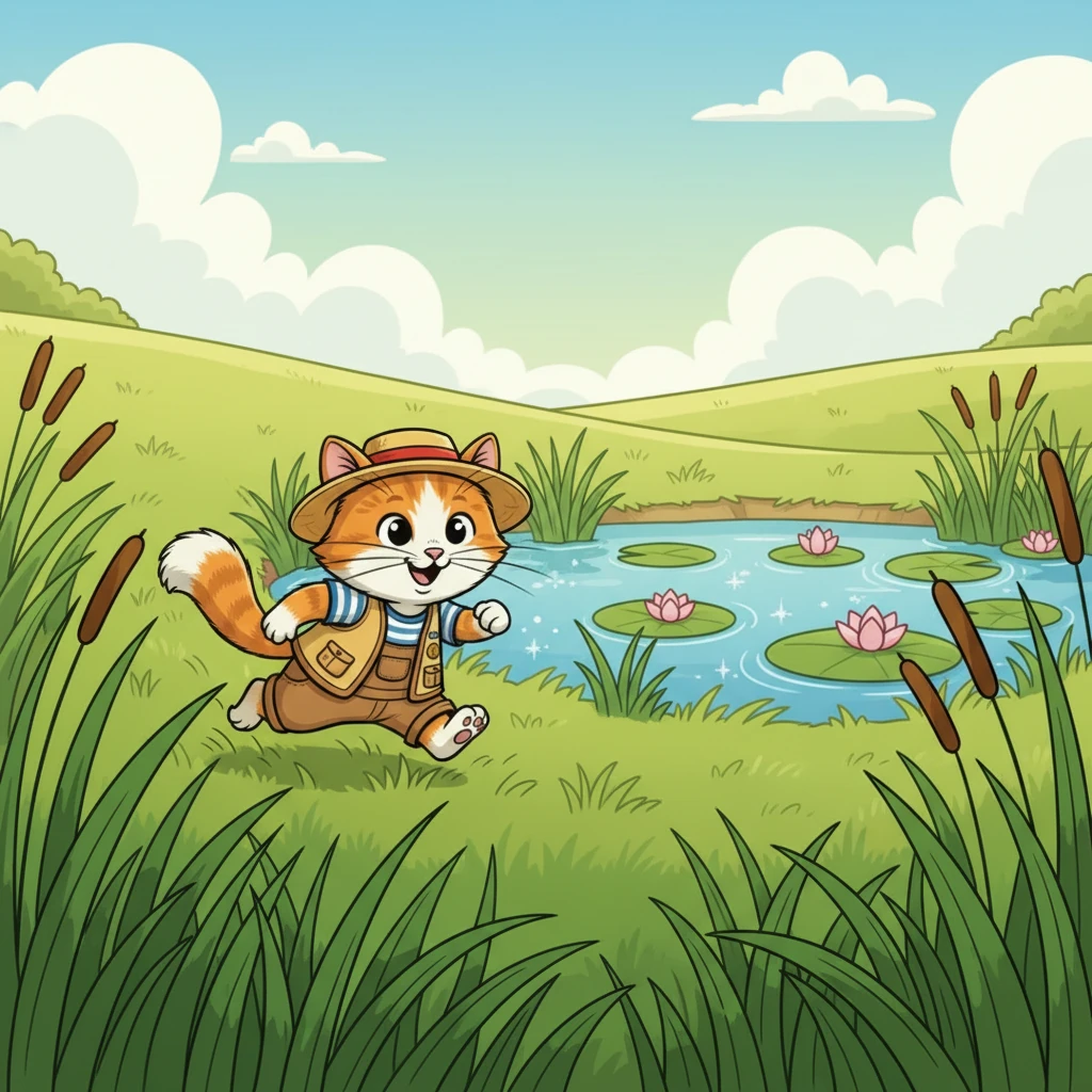 Whiskers trots through a field of tall green grass, his tail swishing with anticipation. He arrives at a sparkling blue pond, surrounded by lily pads and tall reeds. The air is fresh and full of promise.