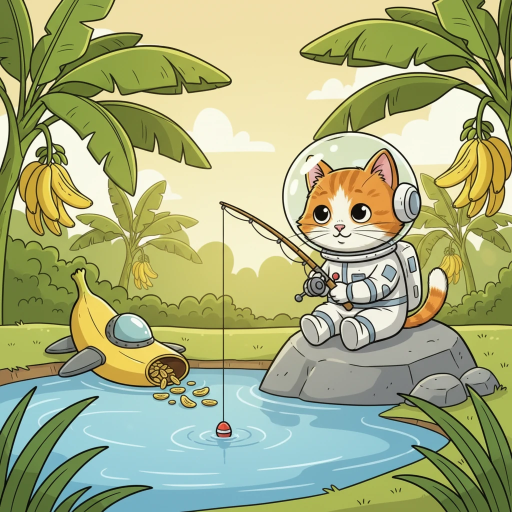 He casts his line with a hopeful flick of his wrist, the bobber landing gently on the water. Whiskers sits patiently on a smooth rock, his gaze fixed on the water, waiting for a tug. Time passes slowly, and his ears droop a little.