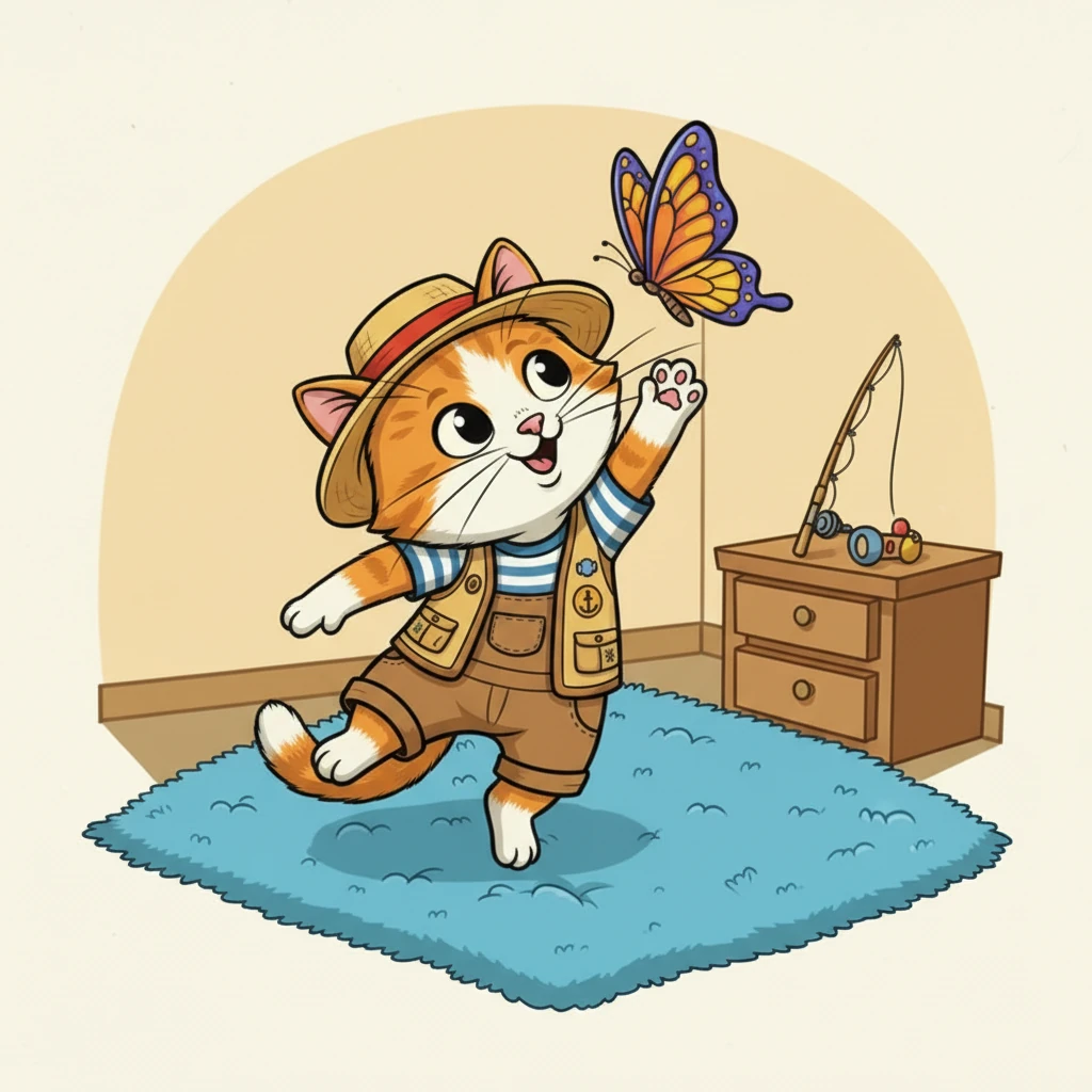 Suddenly, a colorful butterfly flutters past his nose. Whiskers' focus breaks, and he pounces playfully at the butterfly, forgetting his fishing line for a moment. The butterfly dances just out of reach.