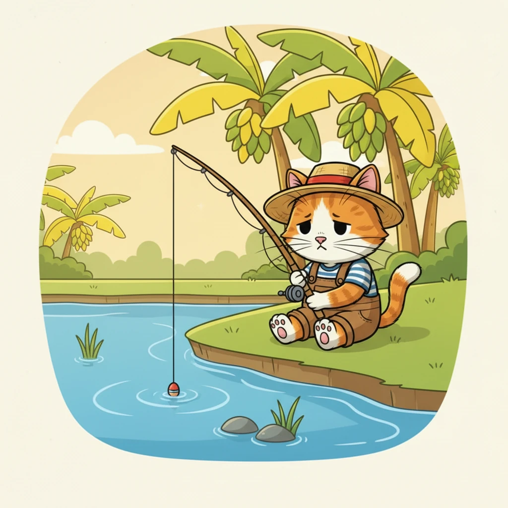 He returns to his fishing, a bit disheartened. Whiskers moves to a different spot along the bank, hoping for better luck. He tries casting again, but the fish seem to be playing hide-and-seek.