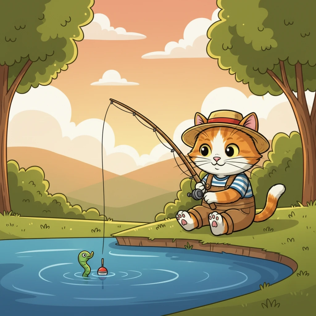 Whiskers carefully puts the worm on his hook and casts it into the deepest part of the pond. He sits very still, watching the bobber intently. He feels a new sense of hope.