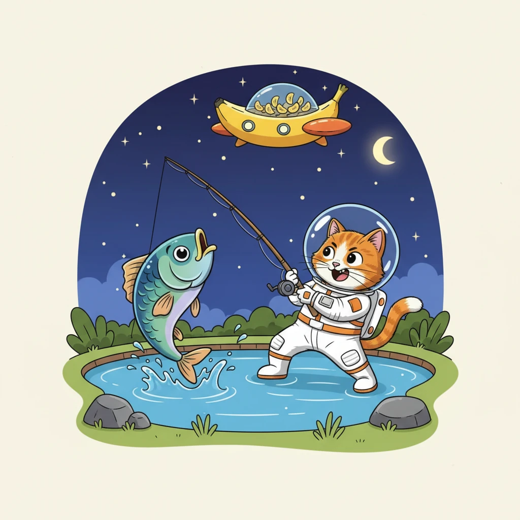 Wiggle, wiggle! The bobber dips sharply, then pulls hard! Whiskers yelps in surprise and excitement, pulling back with all his might. A magnificent, shimmering fish leaps from the water.