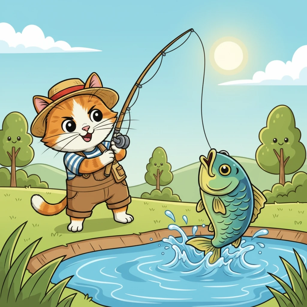 With a final mighty tug, Whiskers reels in a beautiful, medium-sized fish, gleaming in the sunlight. He purrs with pride, a happy and tired little fisherman. He knows patience and a little help make fishing truly fun.