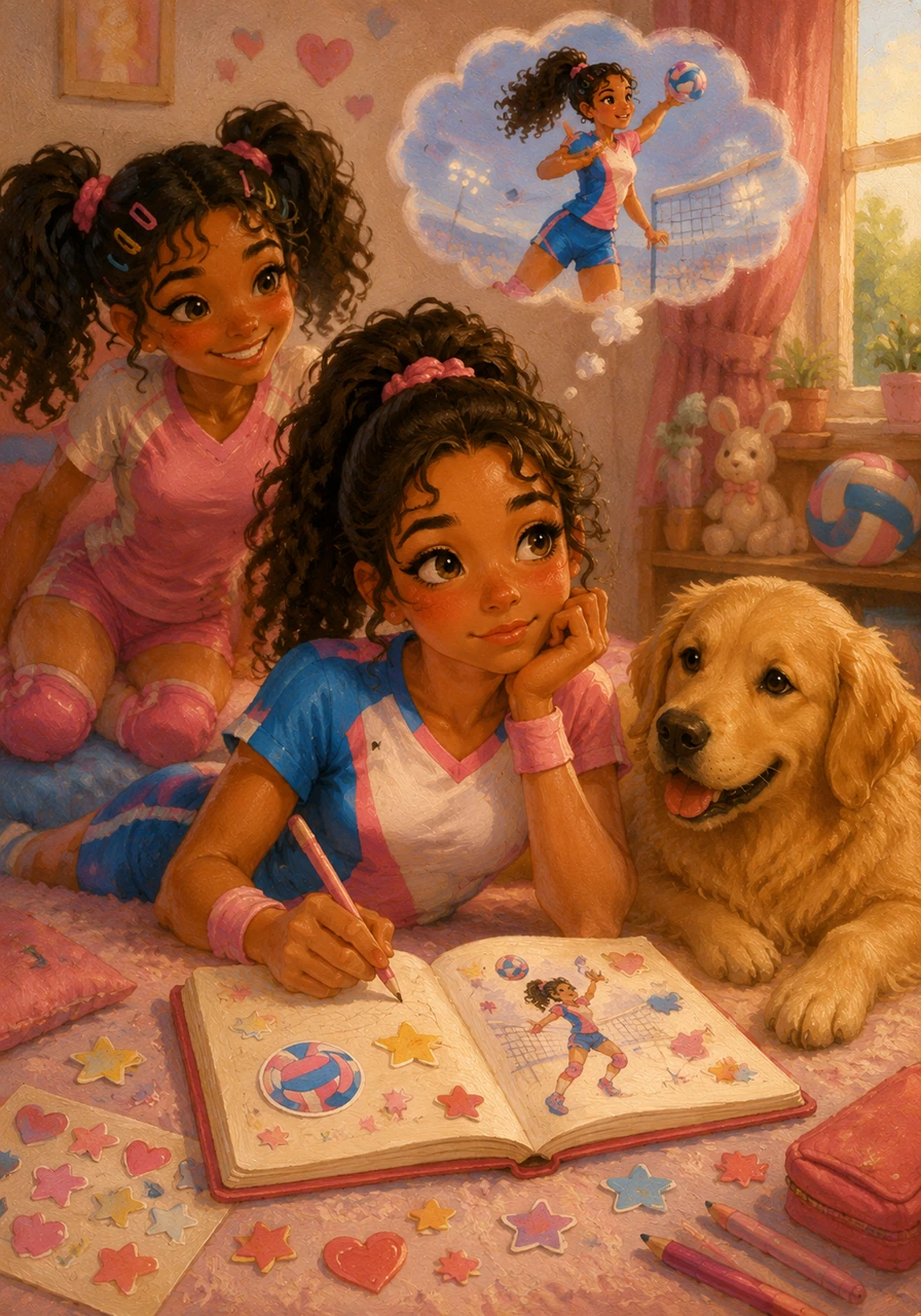 ¡Hola! Soy Isa y este es mi mundo. Mi diario es mi lugar seguro donde dibujo mis sueños entre stickers de estrellas y corazones, siempre acompañada de mi fiel Golden Retriever, Bruno, mientras imagino que algún día seré una gran jugadora de voleibol aunque ahora me sienta un poco pequeña e insegura.