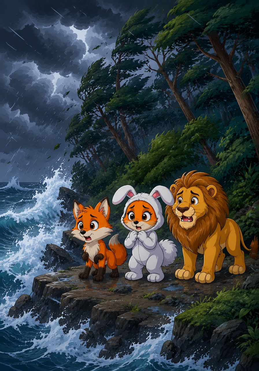 Dark clouds loom over a churning sea as a powerful storm lashes against the forest edge. Tall trees bend in the howling wind while massive white waves crash against the jagged rocks on the shore.