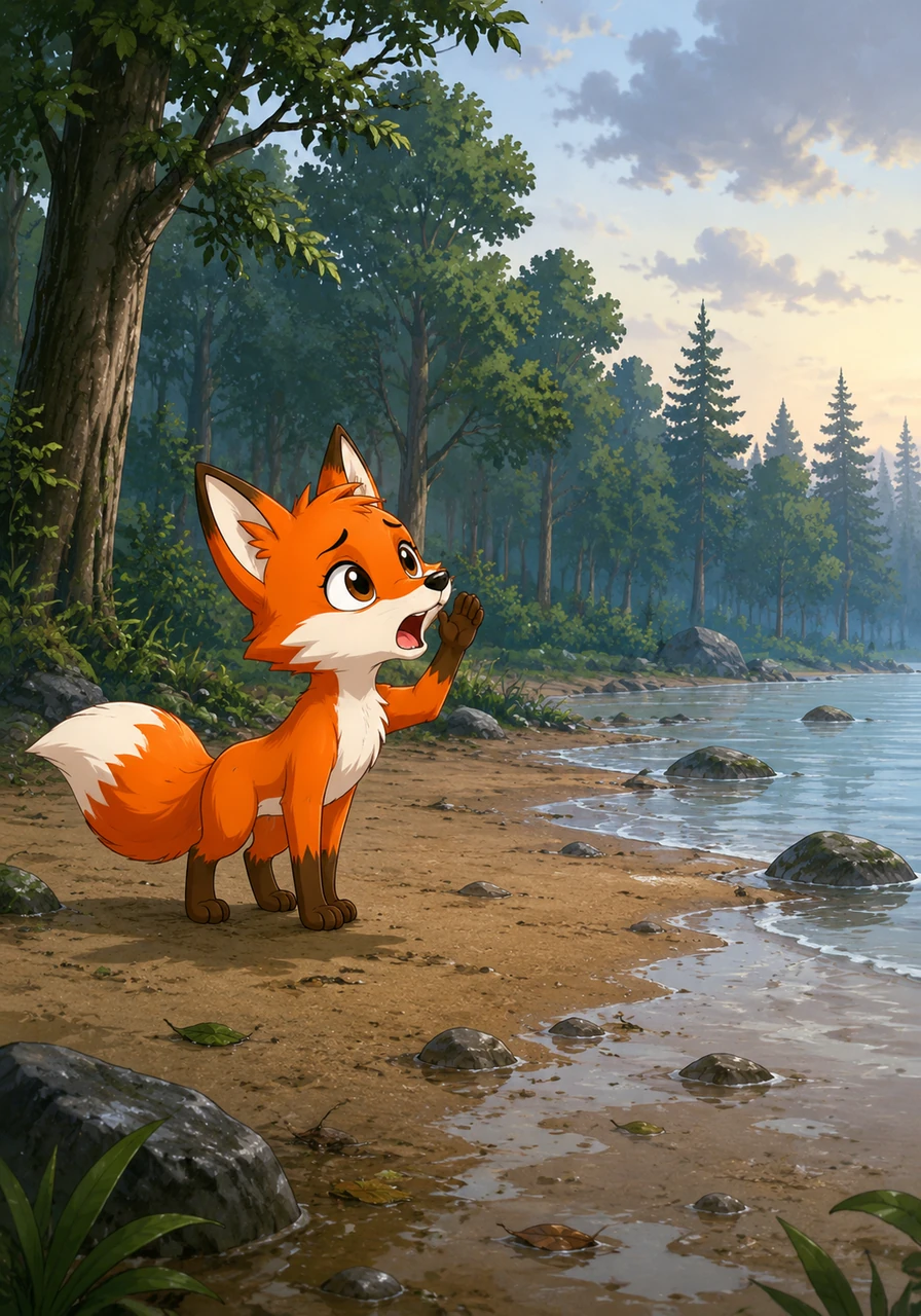 The storm has passed, leaving the forest quiet and damp under a pale morning sky. Violet, a small orange fox with a white-tipped tail, stands alone on the sandy shore, calling out into the empty woods with a worried expression.
