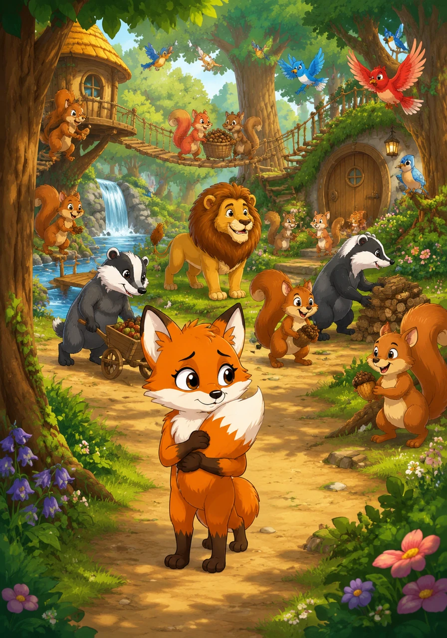 Violet wanders into a vibrant, bustling forest kingdom filled with busy squirrels, badgers, and birds. She feels small and out of place, hugging her bushy tail close to her body as she watches the other animals play and work together.
