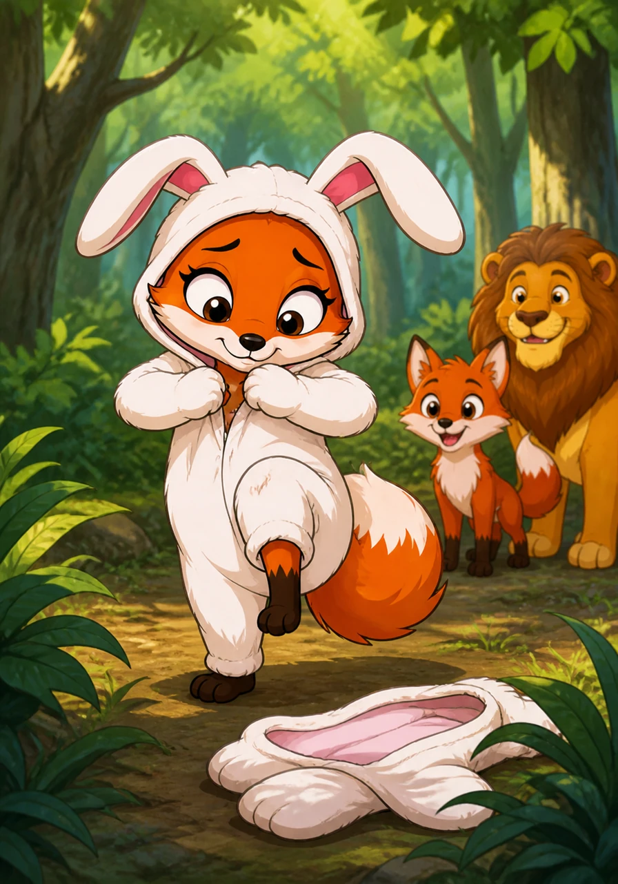 Deep in the brush, Violet discovers a soft, discarded costume made of white faux fur with long, floppy ears. She carefully steps into the outfit, hoping to find a way to fit in with the residents of this new land.