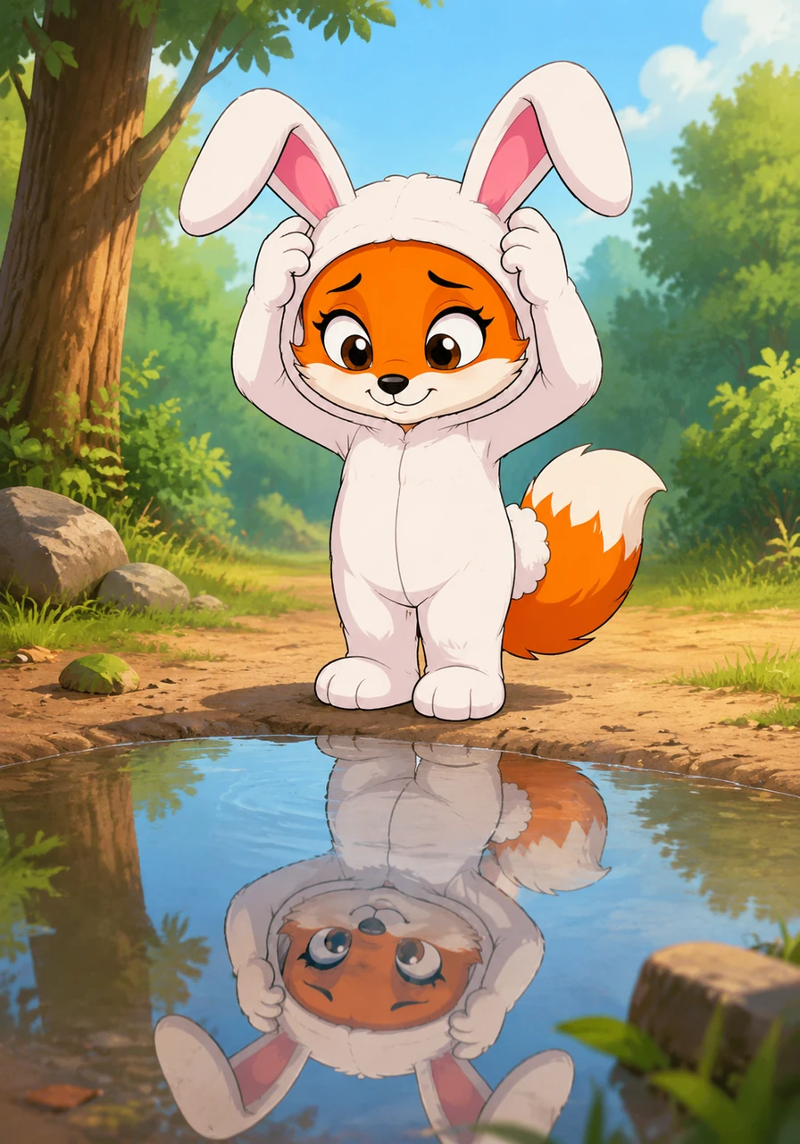 Now disguised as a fluffy white rabbit, Violet looks at her reflection in a puddle and adjusts the long ears. She stands a little taller, feeling hidden and safe behind her new mask, ready to face the world as someone else.