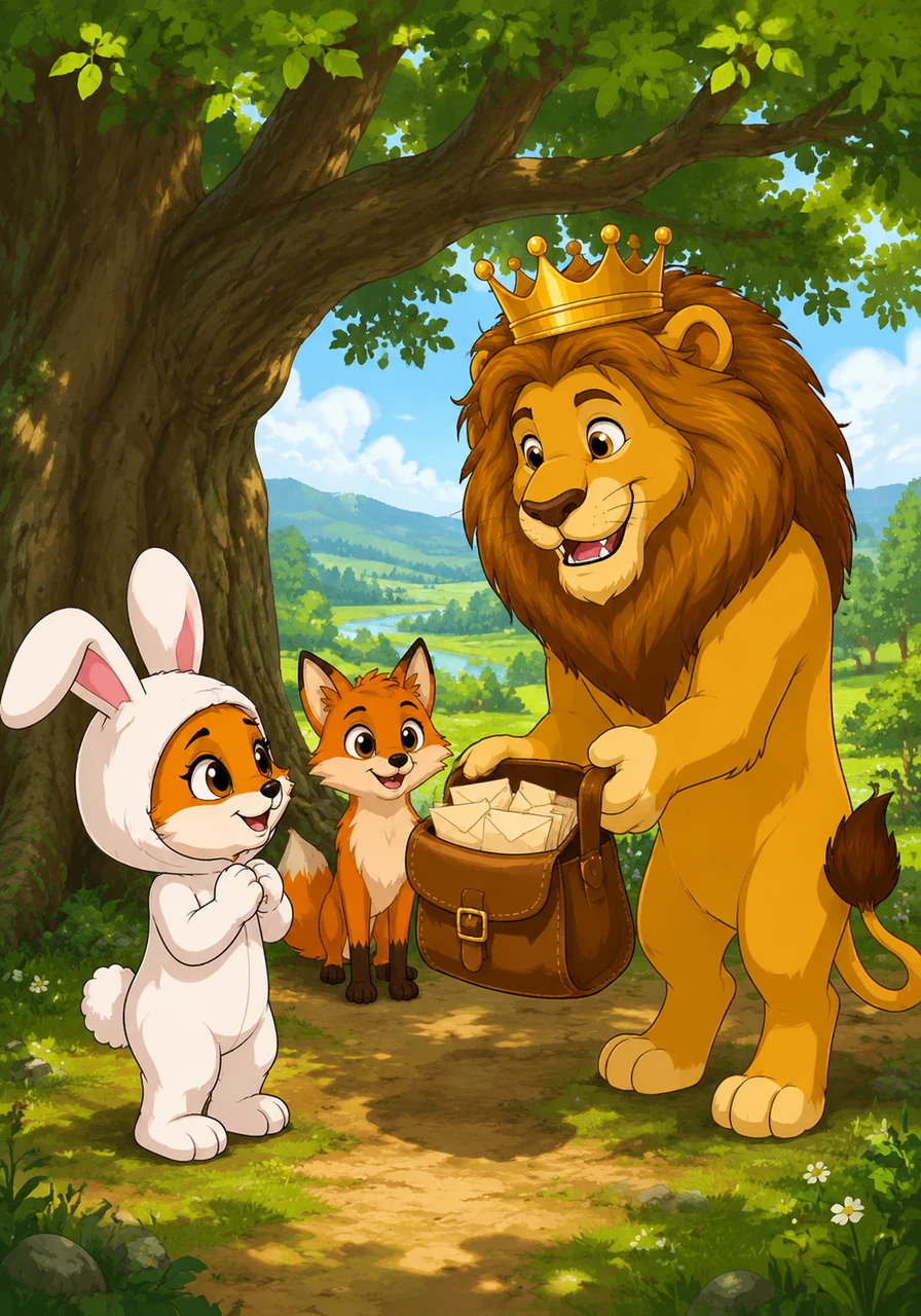 Under the shade of a Great Oak, Violet meets a majestic lion named Leo who wears a golden crown. Leo kindly offers her a leather satchel of letters, asking the rabbit to help him deliver important messages across the kingdom.