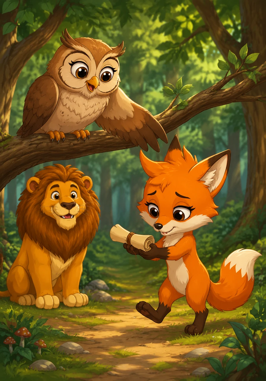Violet hops through the forest, delivering a scroll to Olive, a wise owl perched on a low branch. While Olive smiles warmly and Leo watches with trust, Violet looks down at her paws, feeling a heavy weight in her heart from the secret she is keeping.