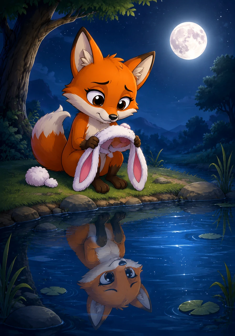 Beneath the silver glow of the moon, Violet sits by a quiet pond and removes her rabbit ears. She stares at her fox reflection in the shimmering water, feeling lonely and tired of pretending to be someone she isn't.