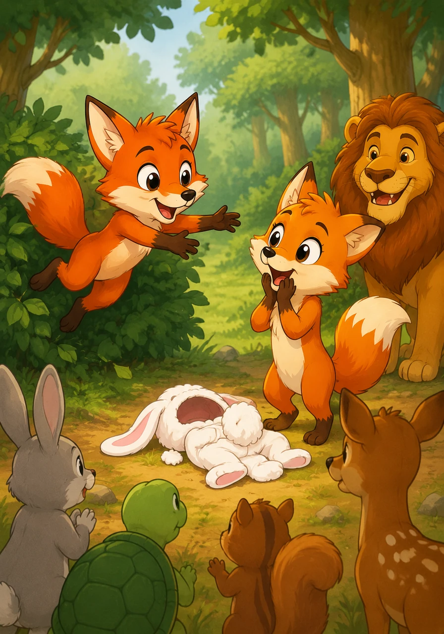 Suddenly, another fox leaps from the bushes, crying out her name in joy. It is Seb, her long-lost twin, and in the excitement of their reunion, Violet’s rabbit costume falls away, revealing her bright orange fur to the gathering crowd of animals.