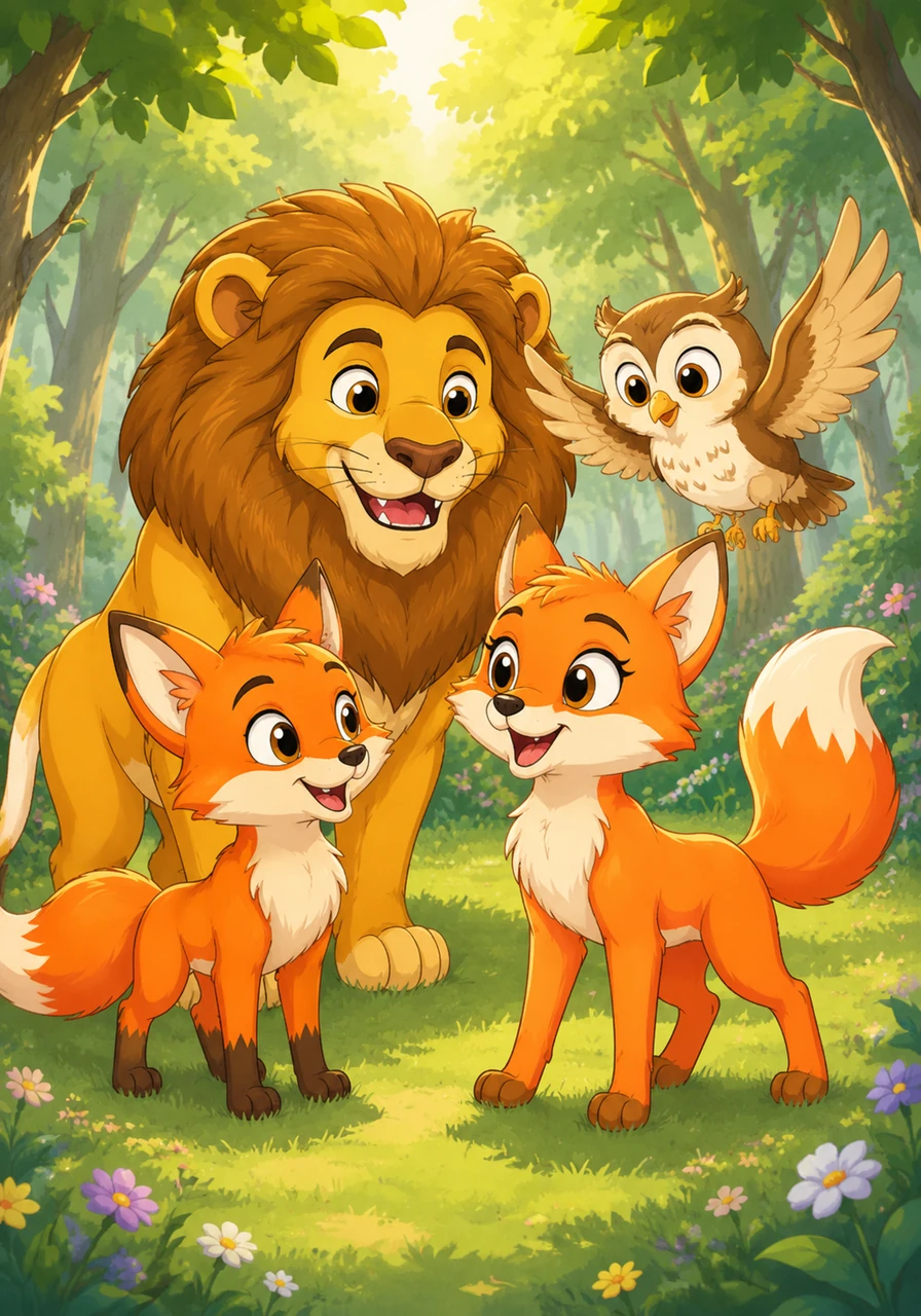 Leo the Lion and Olive the Owl approach the two foxes with gentle smiles, showing that their friendship was never based on the costume. Violet stands tall with her tail swishing happily, finally realizing that she is loved exactly for who she truly is.