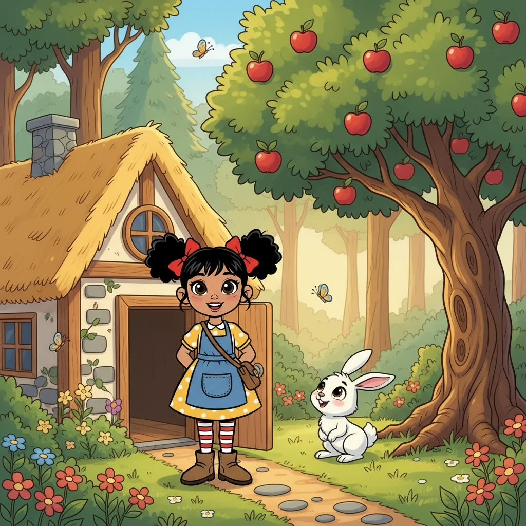 Era una mañana soleada en el bosque encantado. Lulú, con su vestido rojo y coletas rubias, salió de su casita. Su amigo, el conejito Saltarín, la esperaba ansiosamente bajo el gran árbol de manzanas, listo para un día de juegos.