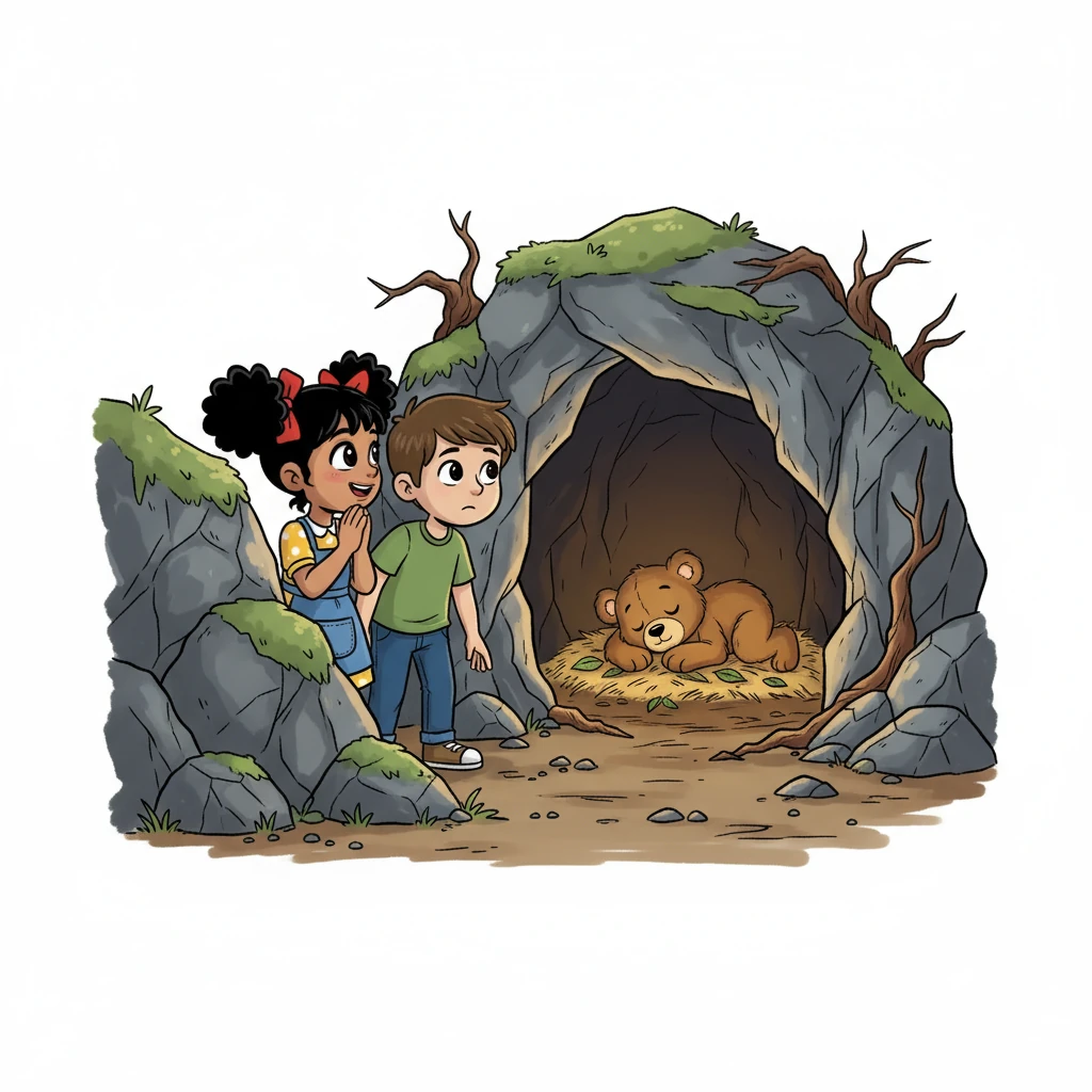 Más adelante, descubrieron una cueva oscura y misteriosa. Aunque un poco asustados, decidieron mirar. Para su sorpresa, un osito dormía plácidamente en su interior. Con cuidado, se escondieron detrás de unas rocas, respirando aliviados al ver que el osito no se despertaba.
