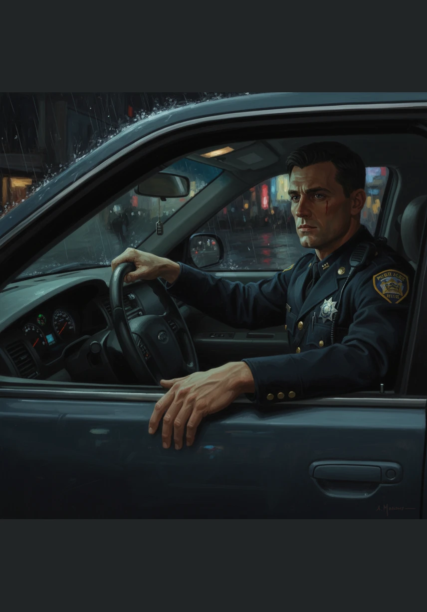 Rain streaks the windshield as Officer Malik sits in his patrol car, watching the world turn into a blur of neon and gray. The quiet of the midnight shift feels heavy, a calm before an uncertain storm.