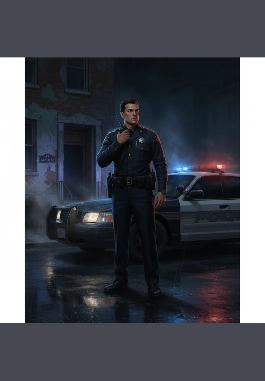 The silence is shattered by the crackle of the radio, reporting a disturbance at 47 Alder Street. Malik straightens his uniform, the blue and red lights beginning to dance across the wet pavement as he responds to the call.