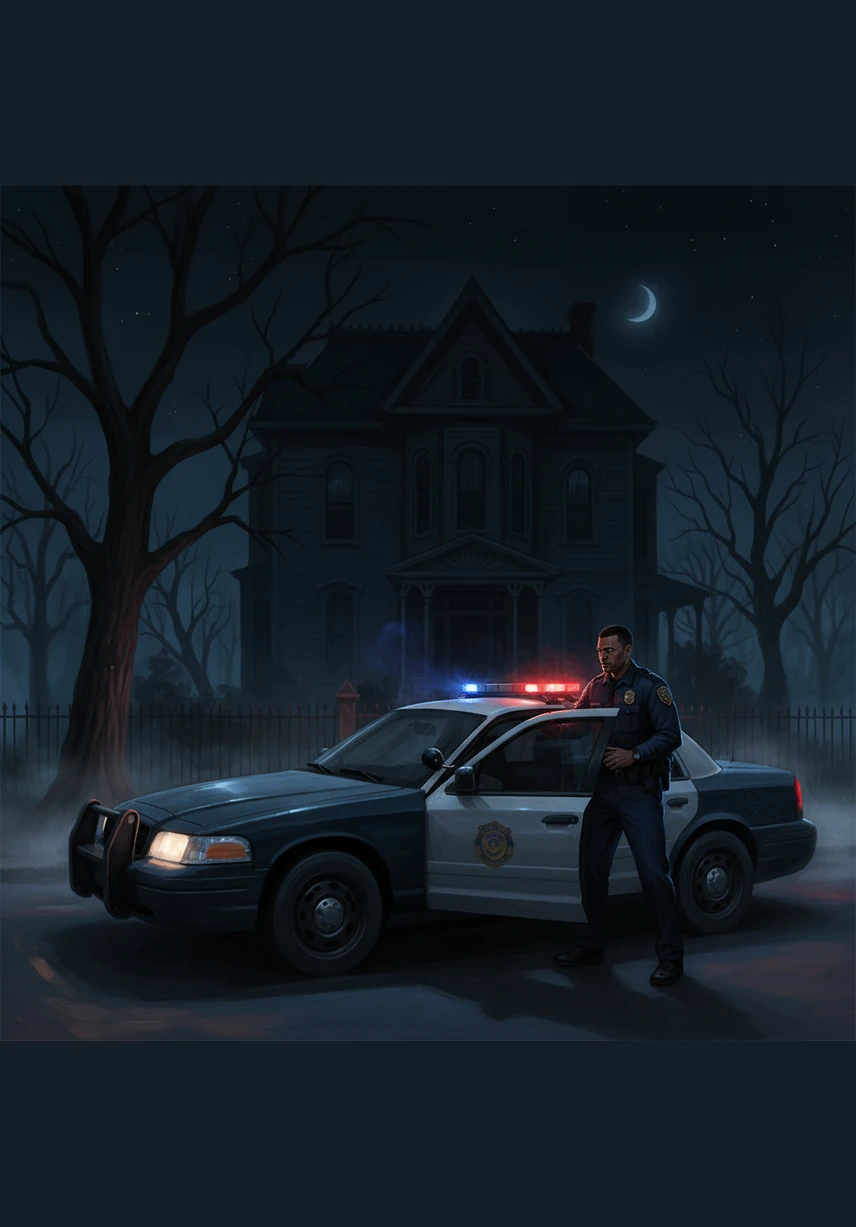 He pulls up to a silent, dark house where the only sign of life is a faint, rhythmic flicker from a window. The street is empty, and the air is thick with the scent of damp earth and tension.