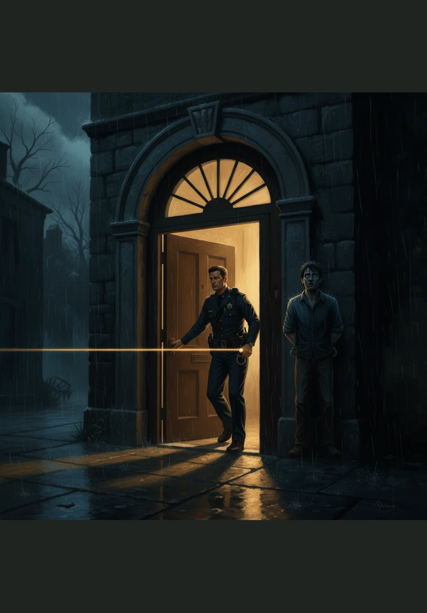 Malik approaches the front door and finds it slightly ajar, a sliver of darkness inviting him inside. He calls out a firm warning, his voice steady even as his pulse begins to quicken in the shadows.