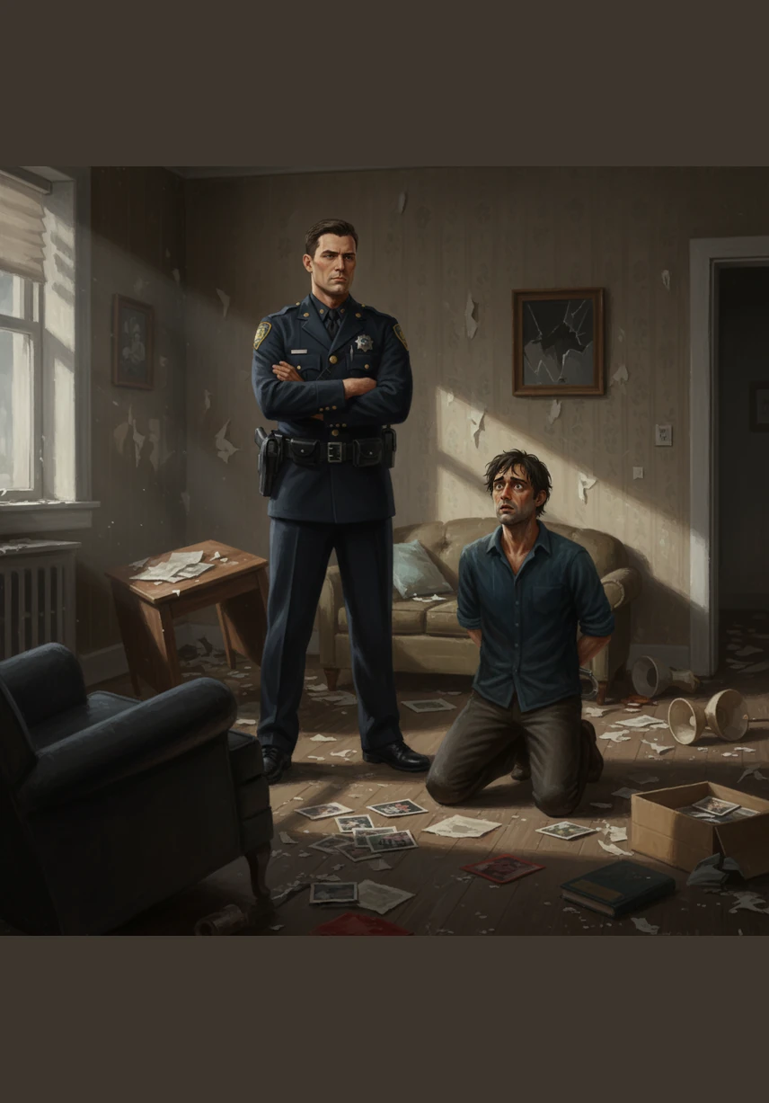 Inside, the living room is a chaotic scene of tossed cushions and open drawers, bathed in the eerie glow of a television screen. Shadows stretch long across the floor, dancing to the hum of white noise.