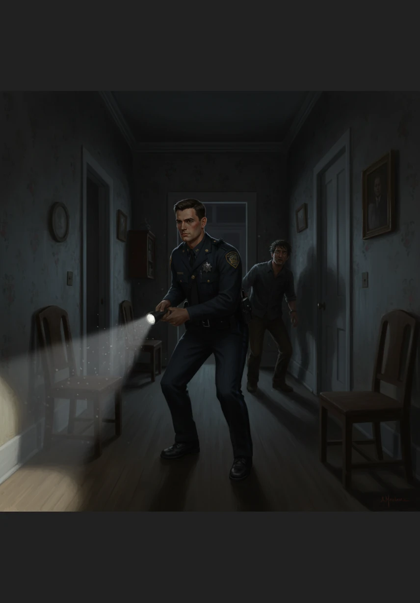 A sudden thud echoes from the back of the house, followed by a fleeting glimpse of a figure moving through the hallway. Malik moves with practiced precision, his flashlight cutting through the gloom.