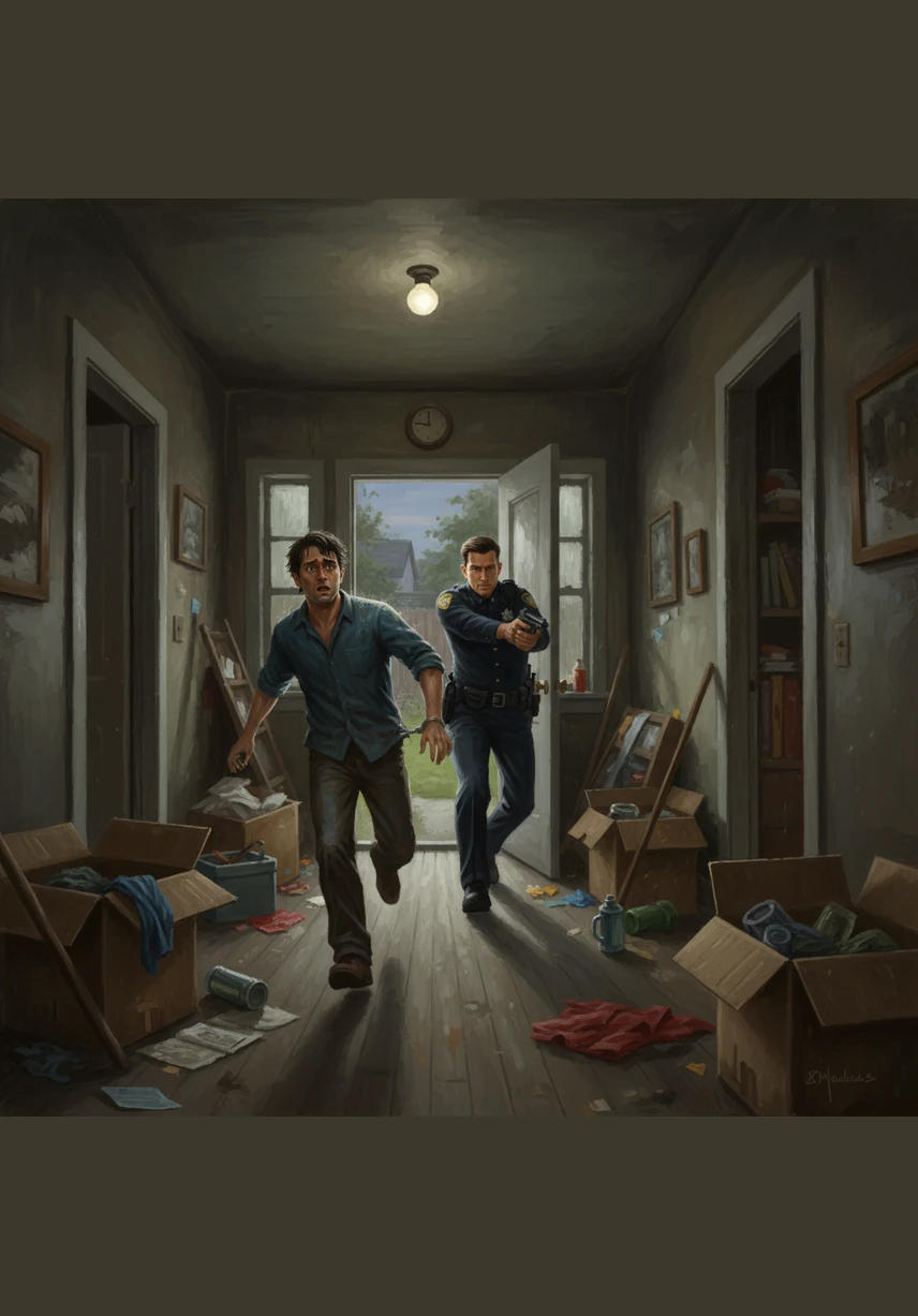 The suspect bolts toward the rear of the house, and Malik gives chase, his boots thundering against the wooden floorboards. The adrenaline surges as they race through the cramped, messy corridors.