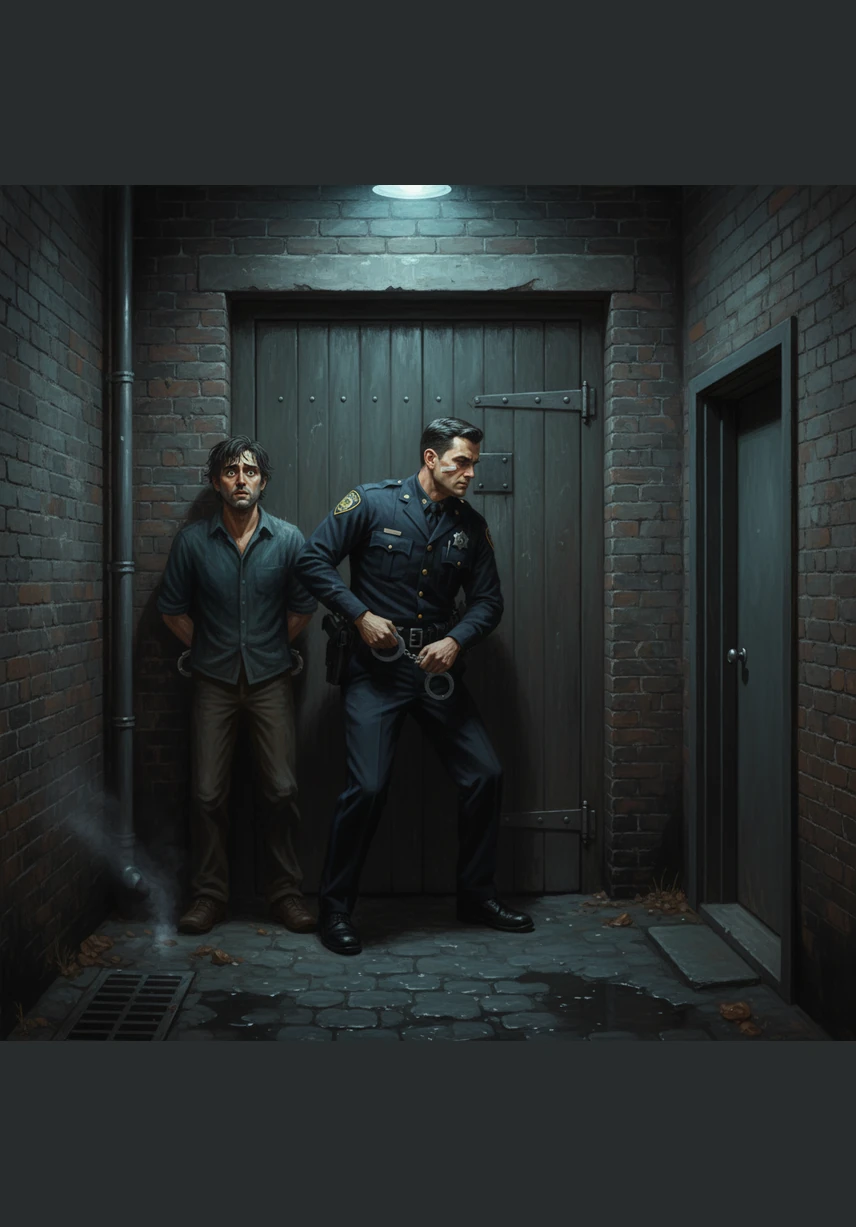 Cornered at a locked back door, the suspect fumbles in a moment of pure panic. Malik seizes the opportunity, pinning the man against the wall with a firm but controlled grip.