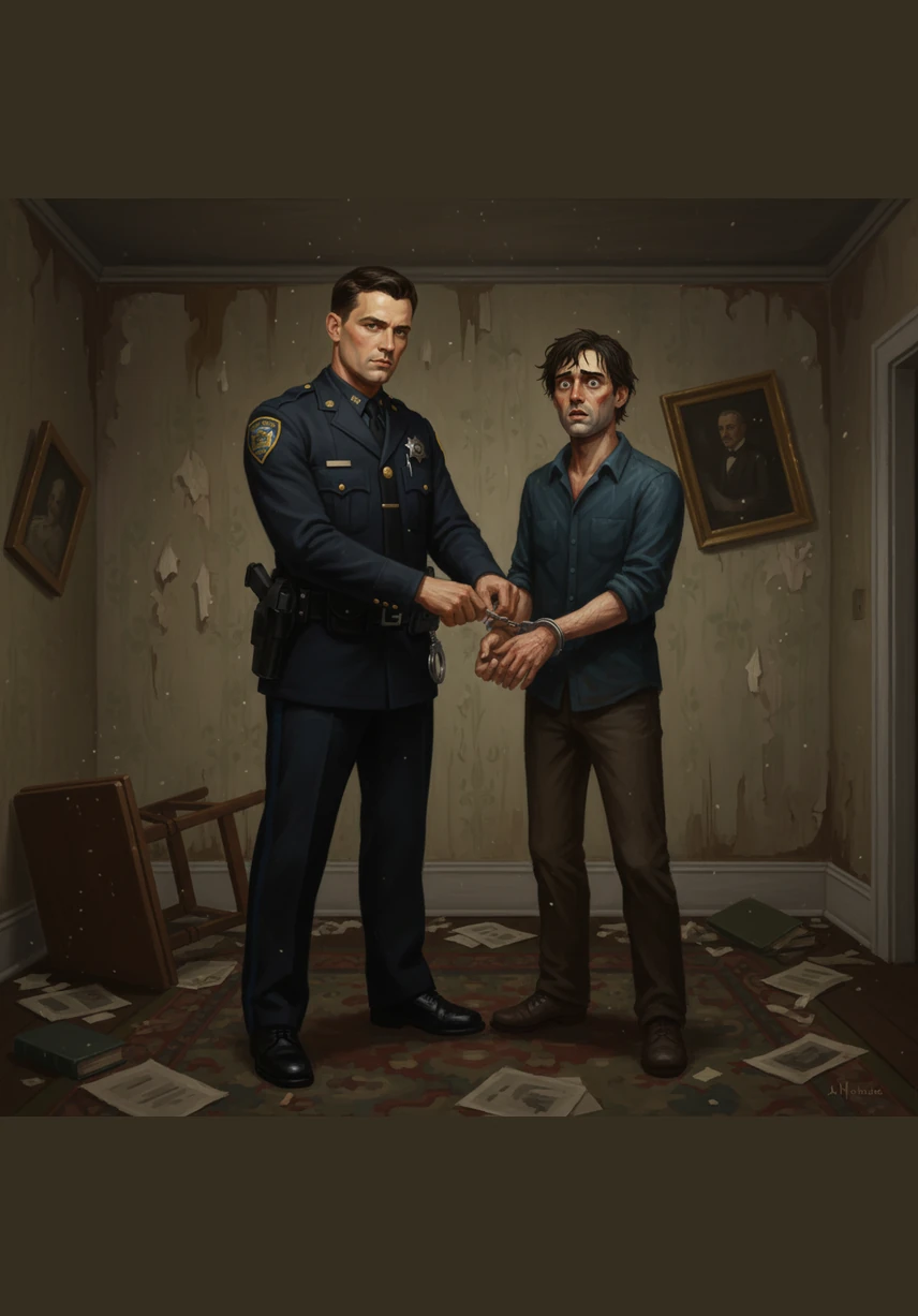 Metallic clicks echo in the small room as Malik secures the handcuffs, ignoring the man's desperate claims of innocence. The suspect insists he belongs there, but the evidence of the ransacked room tells a different story.