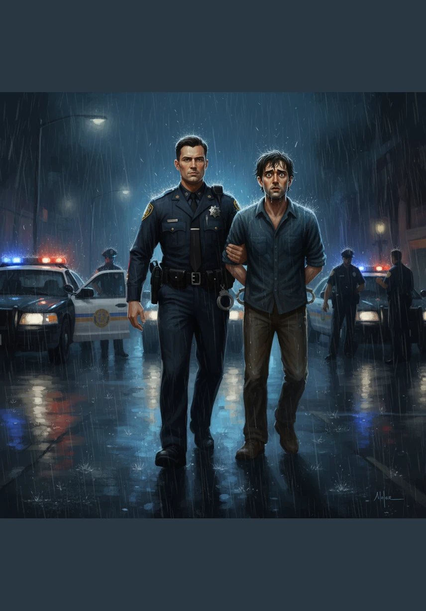 As Malik leads the man out into the pouring rain, a final question lingers in the cold night air about the nature of truth. He watches the rain wash over the patrol car, knowing that the real story is often hidden beneath the surface.
