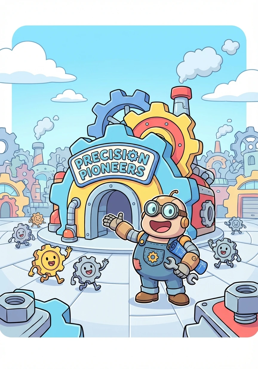 In the heart of Gear City, stood the 'Precision Pioneers' factory, a beacon of innovation. Axel Geargrind, the visionary leader, dreamt of crafting the finest industrial components.