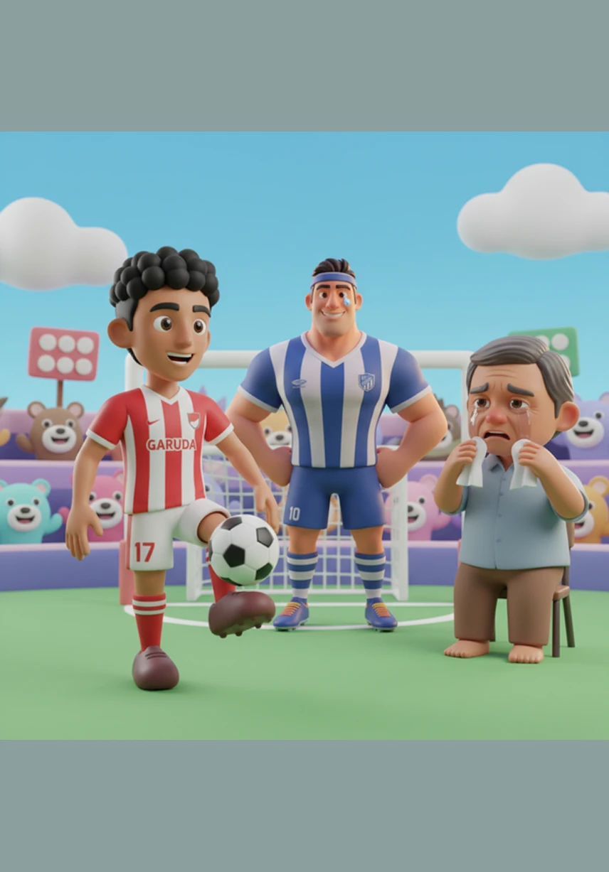 While others seek shelter from the pouring rain, Arga remains on the muddy pitch, practicing his dribbling around wooden stakes. His clothes are soaked, but his focus is unbreakable as he masters the rhythm of the game.