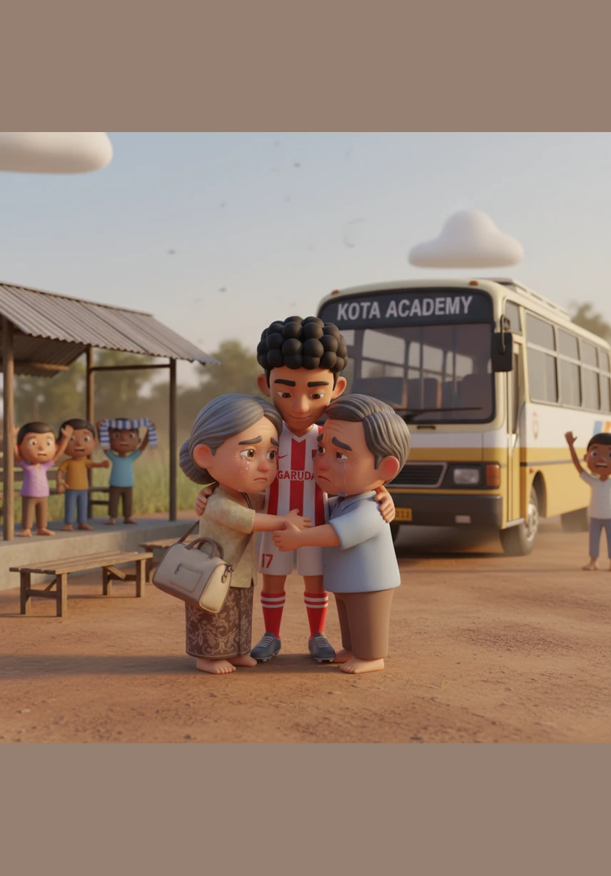 With a small bag and a heavy heart, Arga bids farewell to his emotional parents at the dusty bus station. He is leaving his home for the city academy, carrying the hopes and prayers of his entire community.