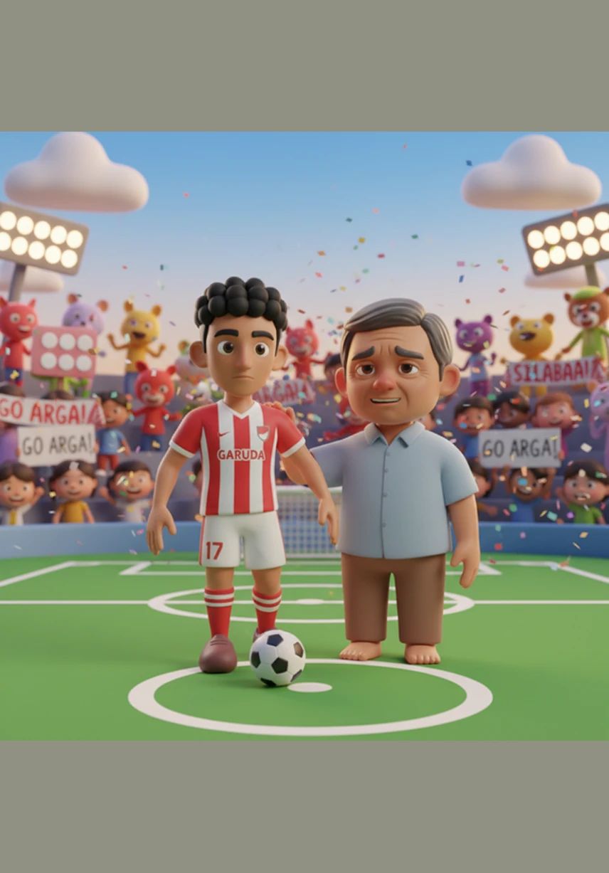 The moment finally arrives as Arga stands on the touchline of a massive stadium, ready for his professional debut. The roar of tens of thousands of fans vibrates through the air, and the bright floodlights illuminate his path to glory.