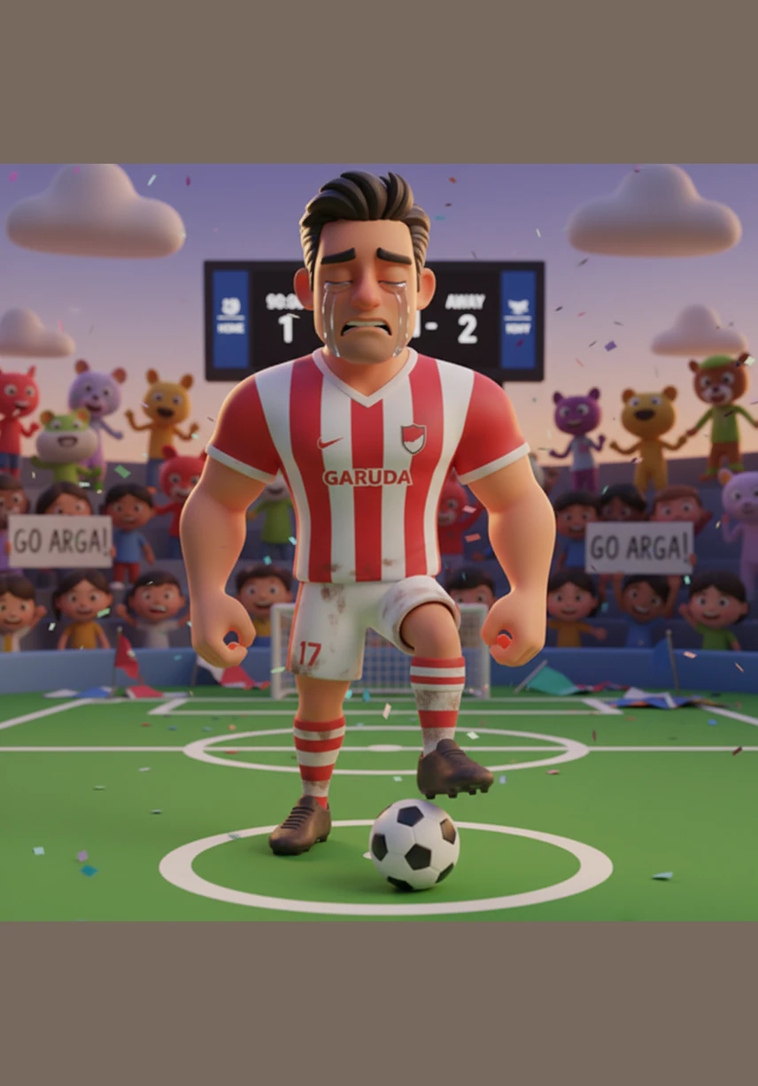 In the final minutes of a high-stakes match, Arga strikes the ball with perfect precision, sending it soaring into the top corner of the net. He runs toward the corner flag, arms wide open, as his teammates swarm him in a joyful celebration.